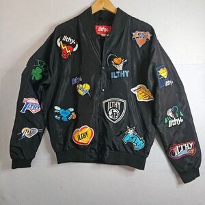ILTHY I Love The Hype Mens Black All Over Patch Basketball Bomber Jacket Large